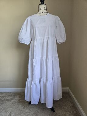 Aqua Tiered Poplin Dress Womens L White Cotton